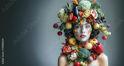 Women with headdress made out of fruits and vegetables at gray background with copy space. - Healthy eating concept