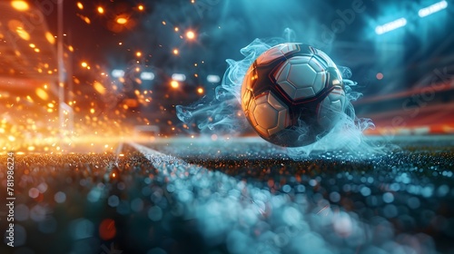 Dramatic Football Match in Floodlit Stadium with Glowing Ball and Explosive Atmosphere