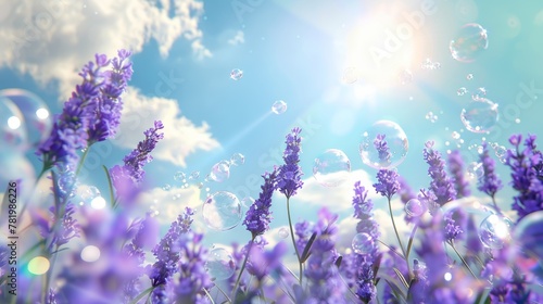 3d rendering of lavender flowers and soap bubbles on a blue sky background. Product display.