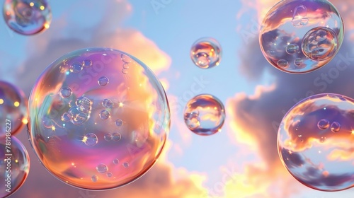 A 3D abstract art piece with holographic soap bubbles floating on a sky background. Liquid, liquid blobs, metaballs composed of fluid.