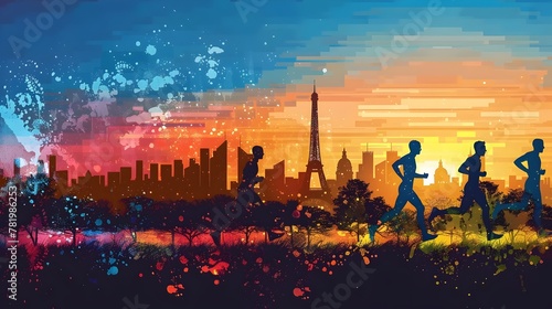 Dynamic Silhouetted Runners Racing Through Vibrant Parisian Cityscape with Iconic Eiffel Tower at Sunset