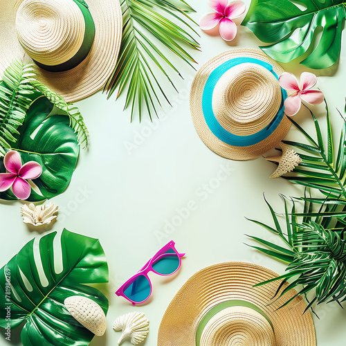 Summer holiday vacation frame made with sun hat and palm leaves, sunglasses and tropical flowers, top view