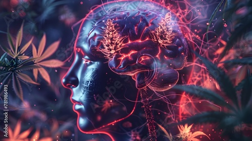 Glowing Brain Anatomy with Abstract Cannabis Imagery Showcasing the Psychedelic Effects on the Human Mind and Consciousness