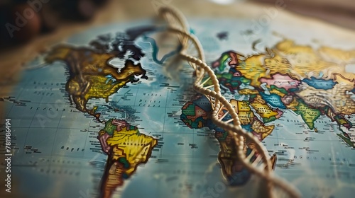 Global Connectivity and the Fabric of Life:A Striking Visualization of the World Map Interwoven with the Intricate Strands of DNA