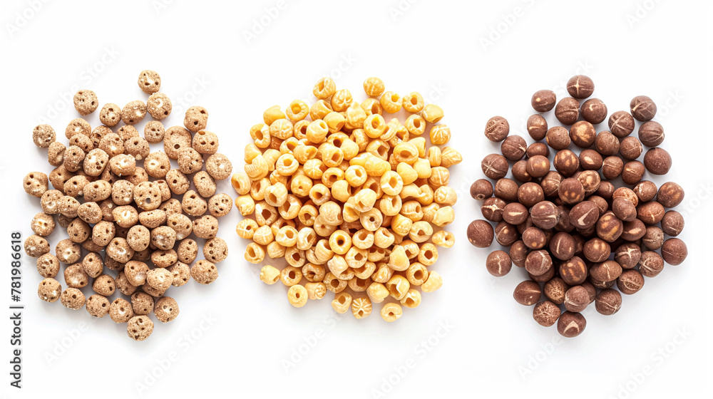 Assortment of cereal, grains, muesli or oats for healthy breakfast, organic farm market product isolated on white background Assortment of cereal, grains, muesli or oats for healthy breakfast, organic farm market product isolated on white background