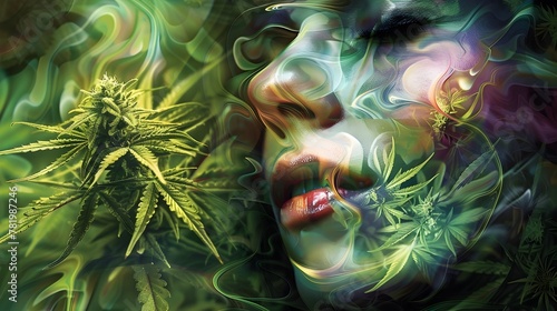 Vibrant Cannabis Leaves in Psychedelic Haze:A Symbolic of Marijuana Culture photo