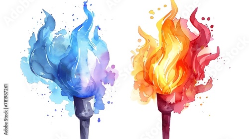 Vibrant Olympic Torches with Fiery Watercolor Flames