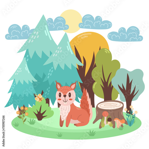 Cute illustration with a squirrel among the forest. Vector children s scene.