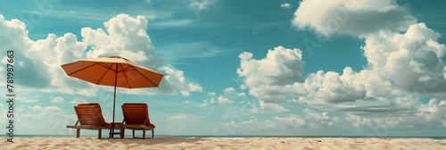 Two outdoor chairs and an umbrella sit on the sandy beach, under the azure sky with fluffy clouds. The view is serene and perfect for a relaxing vacation