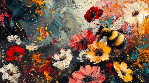 Palette knife abstract of a bee amidst flowers, in red, black, gold, and yellow, on a dynamic, naturethemed background with intense lighting and vivid highlights photo