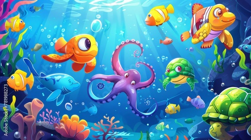 Ocean animals and fish cartoon illustration. Undersea landscape with cute octopus, turtle, fish and other aquatic creatures.