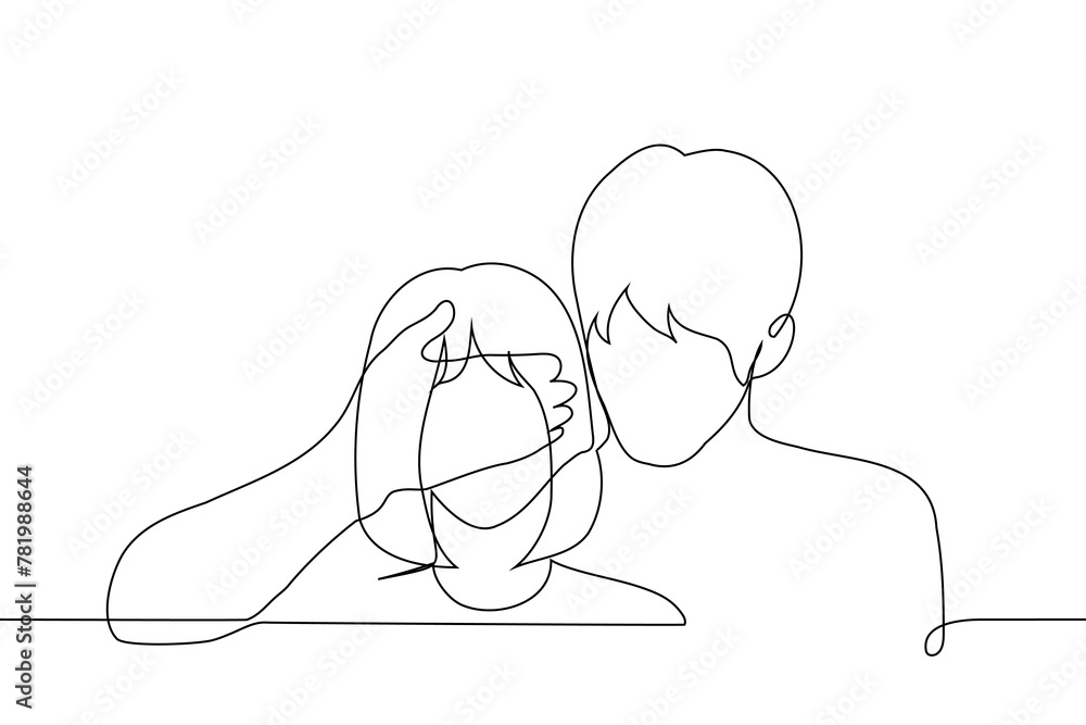 Father closes eyes of teenage girl - one line art vector. concept of generation of older men hiding something from the younger generation, surprise, deception, relationship Father closes eyes of teenage girl - one line art vector. concept of generation of older men hiding something from the younger generation, surprise, deception, relationship