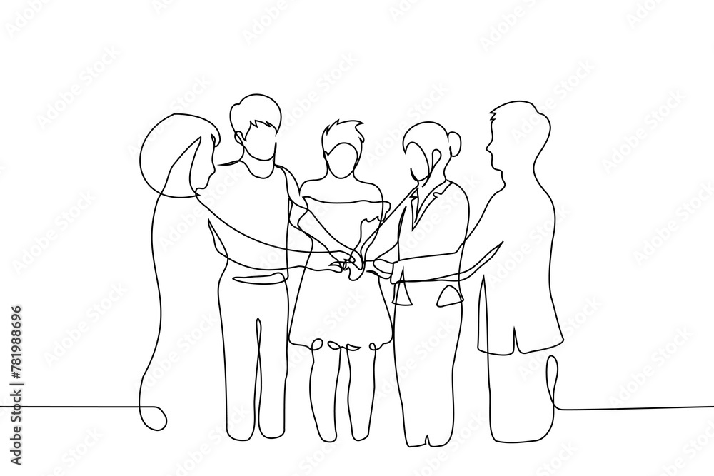 men and women stand with their palms placed together in the center - one line art vector. hand drawn illustration of unification, team, youth, diversity