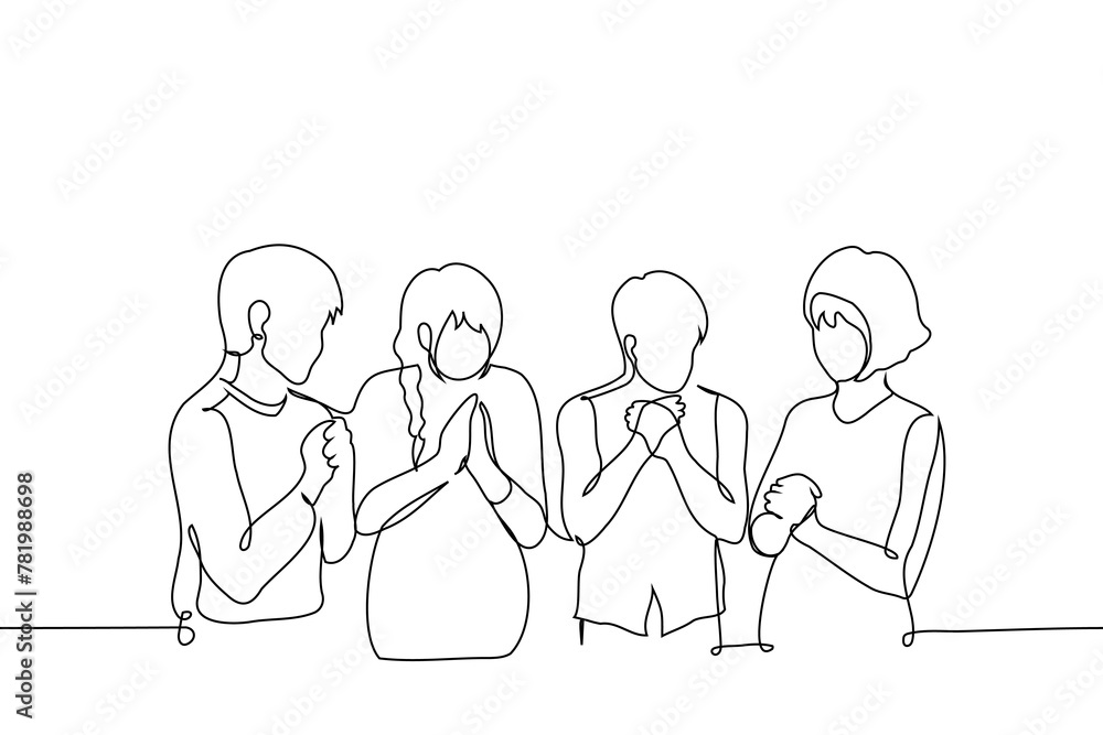 men and women stand with their palms folded in a praying gesture - one line art vector. hand drawn illustration of different gender people praying, saying affirmations or mantra men and women stand with their palms folded in a praying gesture - one line art vector. hand drawn illustration of different gender people praying, saying affirmations or mantra