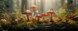Wild mushrooms on a log in the forest, panoramic view, generated by ai
