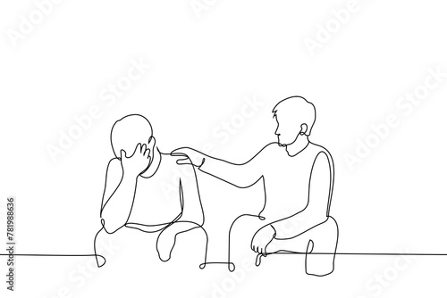 man consoles an upset man sitting next to her - one line art vector. concept man put hand on the shoulder of man who covered eyes with his hand and sits next to him