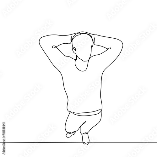 one man stands at full height with his hands behind his head, top view - one line art vector. concept confident man standing silhouette