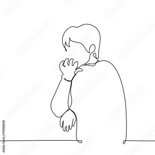 silhouette of a man from behind and from the side, he rests his chin on his hand and lazily watches - one line art vector. concept observation, laziness, procrastination, waiting, serenity