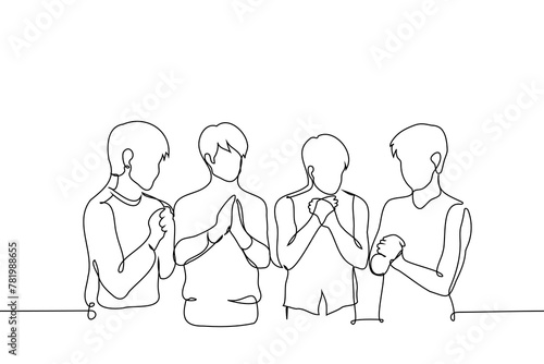 group of standing men praying - one line art vector. concept of men's club, sect, brotherhood, prayer of believing men