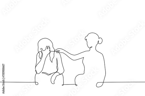 woman consoles an upset woman sitting next to her - one line art vector. concept woman put hand on the shoulder of a woman who covered eyes with his hand and sits next to her.