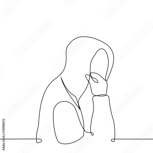 a person in a hoodie adjusts the hood or hides his face in the hood turning to the camera - one line art vector. concept anonymous, criminal, shy, man without a face