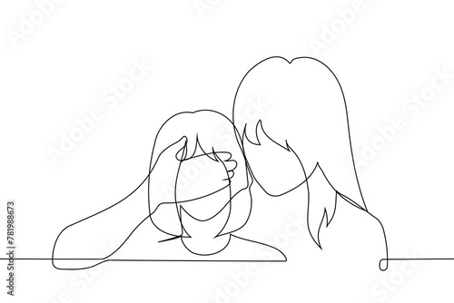 Mom closes her eyes with her hand to a teenage girl - one line art vector. concept of a generation of older women hiding something from the younger generation, birthday surprise, deception