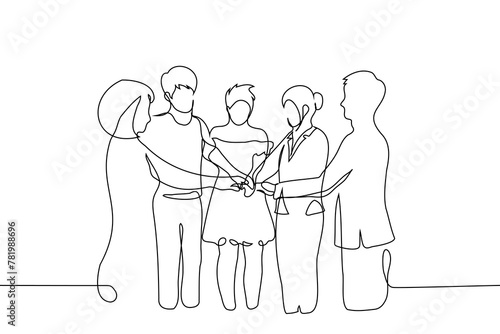 men and women stand with their palms placed together in the center - one line art vector. hand drawn illustration of unification, team, youth, diversity