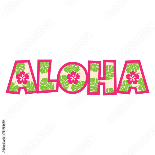 Logo vacaciones en Hawái. Letras de la palabra hawaiana aloha con silueta de flor de hibisco y hojas de monstera photo