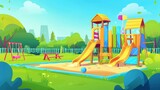 Modern illustration of a playground for kindergarten children with slides, sandboxes and swings. Modern cartoon illustration of a play area for kindergarteners with a seesaw, slider, and sandpit on