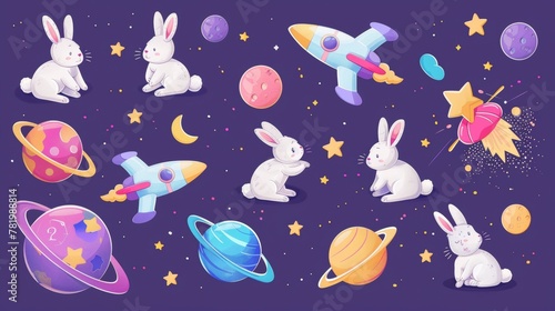 The outer space bunnies element set is isolated on purple background. It includes planets, moons, rockets, stars, and rabbits sitting on rockets or playing with mooncake parachute. © Антон Сальников