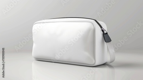 Mockup of a white cosmetic bag with a zipper for makeup and beauty tools. Small beauticians for travel. Modern realistic mockup of a blank fabric pouch with a zip for toiletry, soap and body care photo