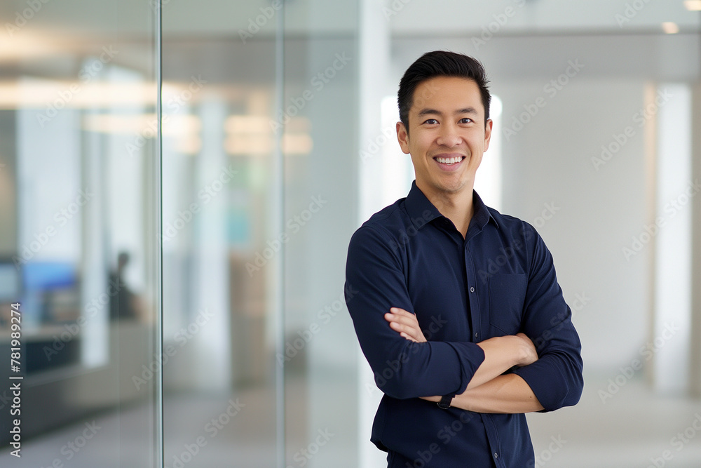 © Kamonwan - A modern-day manager stands with confidence among his team, arms crossed and a pleasant smile that radiates leadership and assurance.