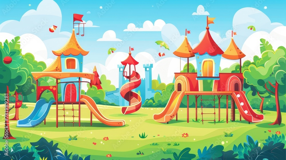 Modern cartoon illustration of kindergarten play ground, castle with slides on green lawn with carousel, spiral tube slide, and swings.