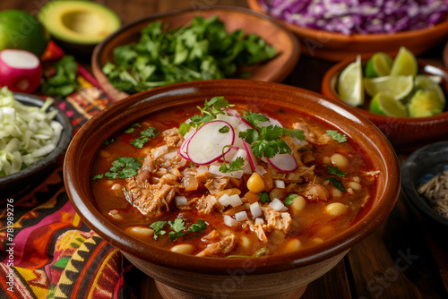 A cozy, homely setting featuring a large, steaming bowl of traditional Mexican pozole