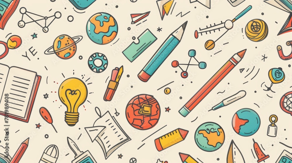 A whimsical array of hand-drawn educational symbols and elements evoking a sense of learning and creativity A whimsical array of hand-drawn educational symbols and elements evoking a sense of learning and creativity