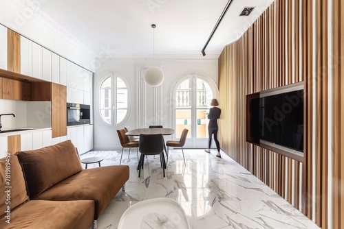 Lumination interior design photography of an apartment with white walls and wooden beams on the ceiling. The living room has natural wood accents. woman is walking through the space towards the camera photo