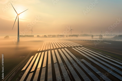sunrise, a renewable energy landscape comes to life. The gentle curves of wind turbines contrast with the strict lines of solar panels, creating a symphony of shapes that speak to a sustainable future