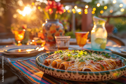 platter of enchiladas suizas, bathed in a creamy sauce and sprinkled with cheese, ready to be served. photo