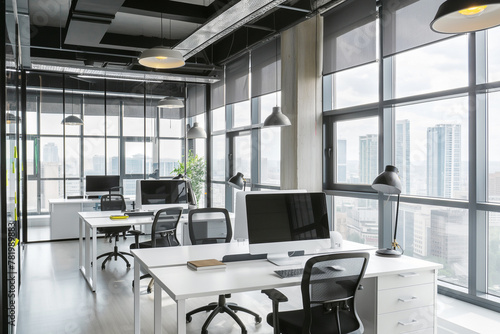 Workspace that marries the tranquility of an organized desk with the energetic backdrop of a cityscape photo