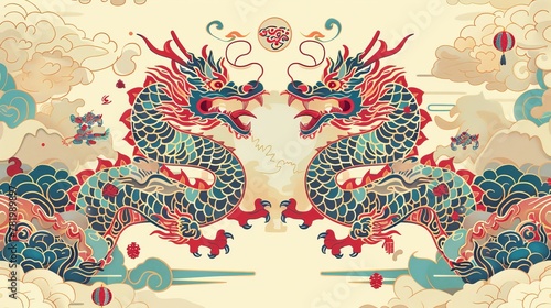 An illustration of a Chinese New Year with line filled style dragons surrounded by traditional doufang and festive decorations. Text reads: Auspicious new year. Spring. photo