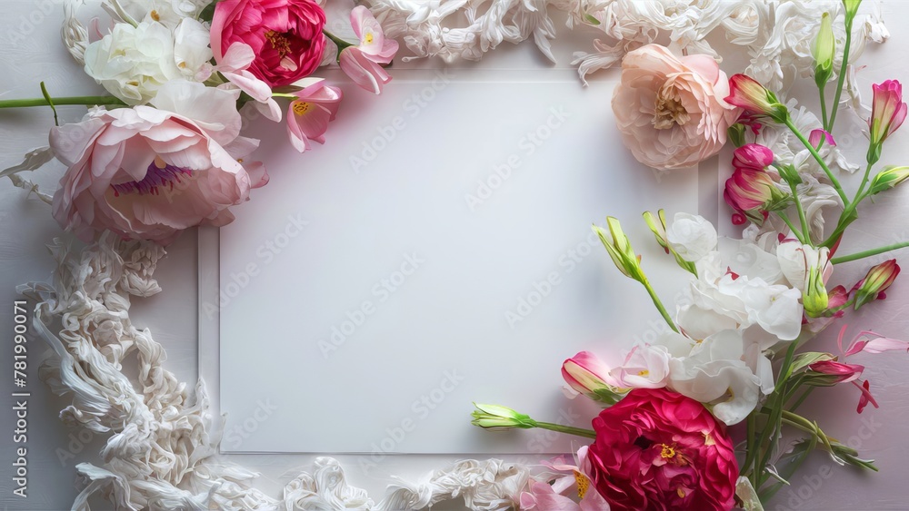 Frame of flowers on a white background, greeting card, summer flowers, invitation. Template, Top view , copy space