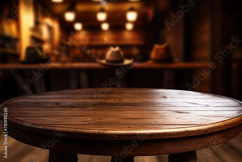 Empty wooden table at the cowboy saloon, restaurant. Copy space, add your product. Ai Generative photo