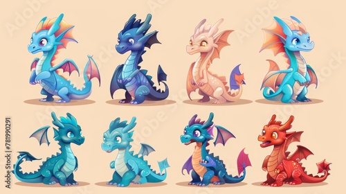 Isolated on beige background  this baby dragon element set consists of blue  turquoise  and light red dragons with a variety of expressions.