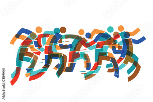 Running race,marathon, jogging. Dynamic Illustration of group of running racers. Isolated on white background. Vector available. 