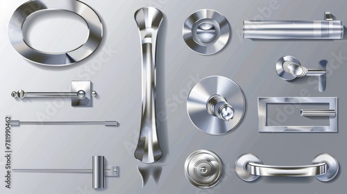 Modern realistic set of chrome lever handles in different shapes and long door pulls isolated on transparent background for modern office or home interiors.