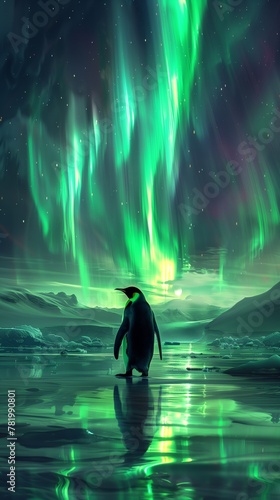 lone penguin witnessing the majestic glow of the aurora borealis at night