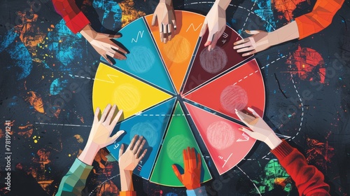  An abstract illustration of hands adjusting colorful pie chart segments, symbolizing strategic planning and teamwork in business. photo