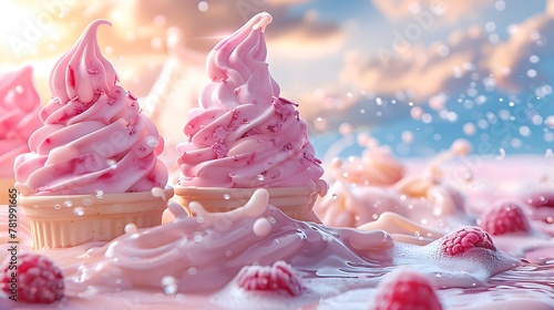 copy space a lots of floating strawberry ice cream, sky clouds solid color background advertising element