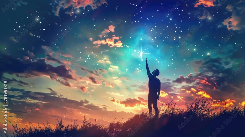 dreamscape showing a person reaching for a star, embodying their highest aspirations and dreams