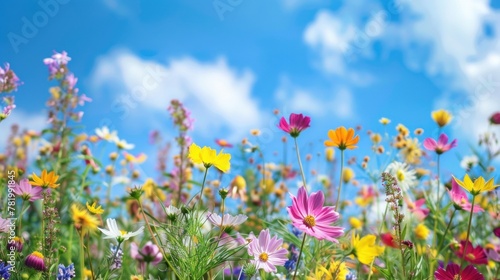 Portray the vibrant colors of summer with an image showcasing a field of blooming wildflowers against a bright blue sky
